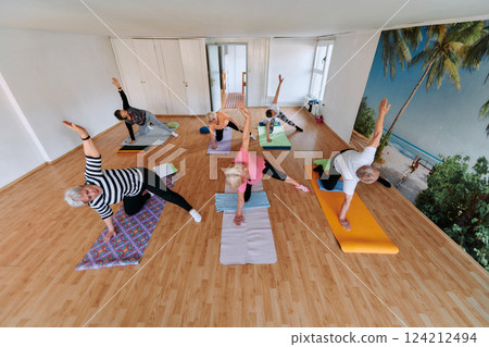 Wide Photo of Senior Women Embrace Wellness: Yoga and Stretching in a Sunlit Space 124212494