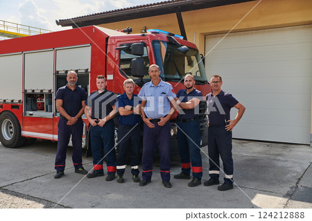 A skilled and dedicated professional firefighting team proudly poses in front of their state of the art firetruck, showcasing their modern equipment and commitment to ensuring public safety. 124212888