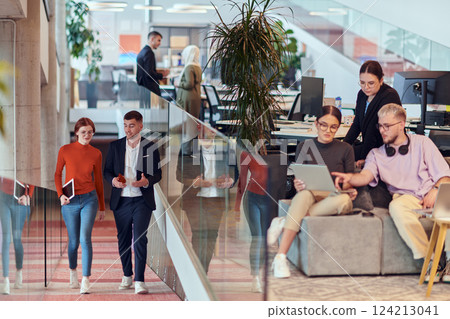 In a modern startup office, a diverse group of young professionals collaboratively tackles various business problems and challenges, surrounded by their engaged colleagues, fostering innovation and 124213041