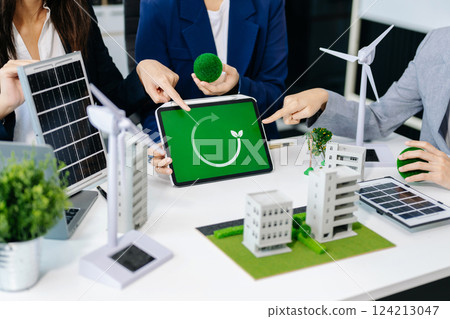 Business team people planning hand using laptop for working technology and business Net zero and carbon neutral concept.NET ZERO icons and symbols save the eco world 124213047