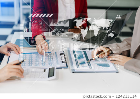 Financial report data of business operations balance sheet and income statement and diagram as Fintech concept.Business team meeting. Financial report data of business operations balance sheet and income statement and diagram as Fintech concept.Business team meeting. 124213114