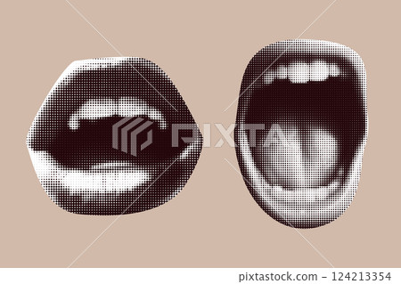 Female lips in halftone treatment for collage on beige background. Open scream mouth and sexy lips. vector vintage illustration in dot like pop art vector 124213354