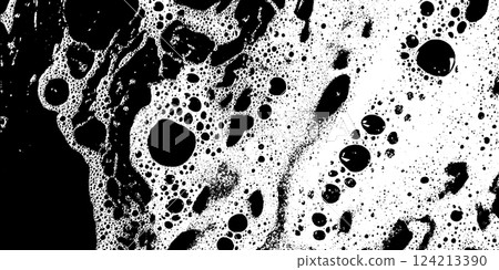 Grunge soap texture with foam and wash background. Water and black liquid shampoo. Abstract bubble pattern with trace overlay 124213390