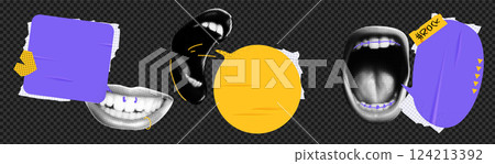 Speechbabble with mouths in collage style in halftone processing. Open female mouths, with screaming, smiling and brekettes. Elements with crumpled paper and doodles. Vector contemporary illustration. 124213392