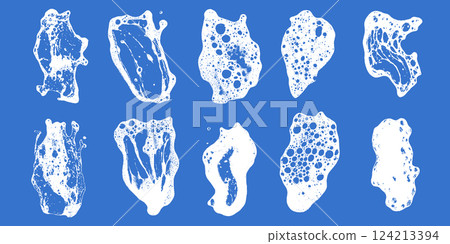 Soap texture foam with grunge stain set on blue background. Wash sponge and water overlay with shampoo bubble 124213394