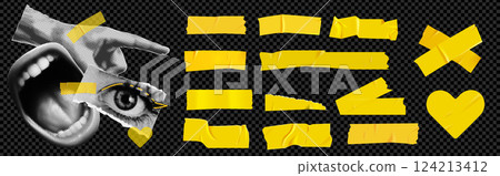 Yellow duct tape for photo collage. Bright scotch tape for the frame. Collage frame with girl's photo, barcode, paper clip and stickers and torn paper. Vector elements 124213412