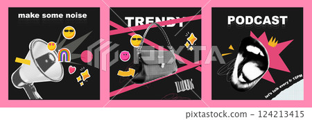 Trending covers for the podcast. With collage and hand-cut halftone style. Stickers with emoji and torn paper. Vector illustration banner Trending covers for the podcast. With collage and hand-cut halftone style. Stickers with emoji and torn paper. Vector illustration banner 124213415