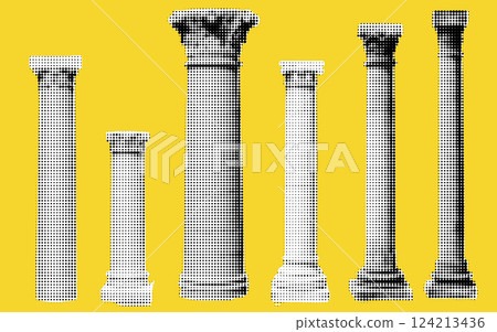 A dynamic collage showcases a series of classical columns rendered in halftone, each standing tall against a vivid yellow backdrop, radiating creativity and artistic flair. A dynamic collage showcases a series of classical columns rendered in halftone, each standing tall against a vivid yellow backdrop, radiating creativity and artistic flair. 124213436