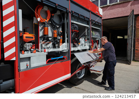 A dedicated firefighter preparing a modern firetruck for deployment to hazardous fire-stricken areas, demonstrating readiness and commitment to emergency response A dedicated firefighter preparing a modern firetruck for deployment to hazardous fire-stricken areas, demonstrating readiness and commitment to emergency response 124213457