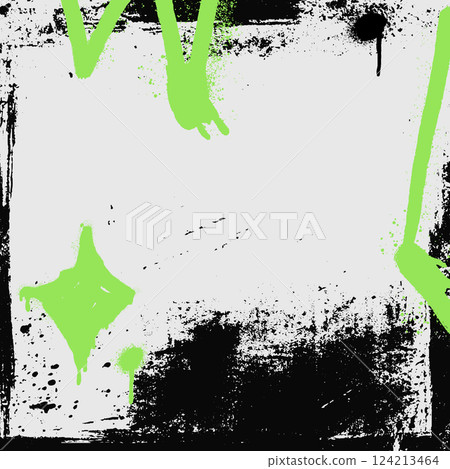 Urban graffiti frame with acid spray and sparkle elements. Black brush strokes and rough edges form a grungy vector design on a torn, vintage background 124213464
