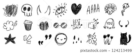 Set of grunge vector illustrations drawn with pencil. Punk doodle icons for stickers. Swag style graphiti. 124213499