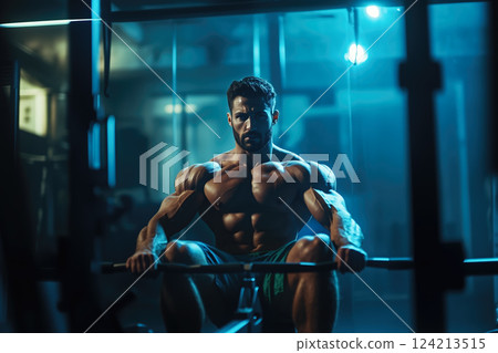 A muscular male model working out in the gym using a machine. The concept of strength, fitness, and body sculpting. Generative AI. 124213515