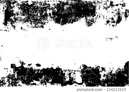 Background with black old scratch distress effect. Grungy overlay and rough white poster print design with collage and gritty texture 124213525