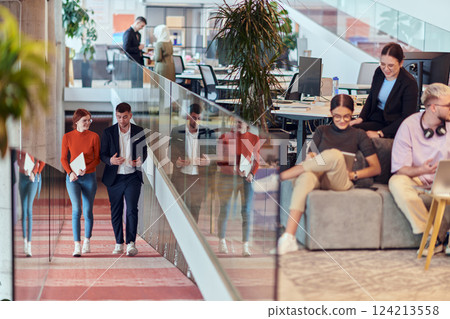 In a modern startup office, a diverse group of young professionals collaboratively tackles various business problems and challenges, surrounded by their engaged colleagues, fostering innovation and 124213558