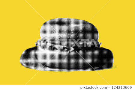 A striking halftone collage features a stylish vintage hat prominently displayed on a vivid yellow background. 124213609