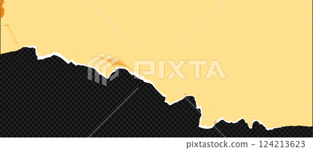 Vintage yellow torn paper with ripped edges and grunge texture. Abstract scrapbook piece with broken sheet at the transparent background 124213623