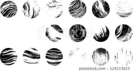 A collection of abstract circular designs featuring black and white swirling patterns. Each circle has a unique texture and style, showcasing a variety of artistic brush strokes and lines. A collection of abstract circular designs featuring black and white swirling patterns. Each circle has a unique texture and style, showcasing a variety of artistic brush strokes and lines. 124213625