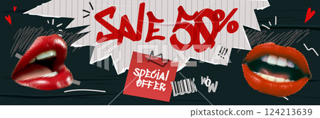 Vector collage grunge banner. 3d Lips announcing crazy promotions. Doodle elements on retro poster. Stylish modern advertising poster design with space for text Vector collage grunge banner. 3d Lips announcing crazy promotions. Doodle elements on retro poster. Stylish modern advertising poster design with space for text 124213639