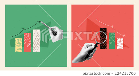 Set of Two square illustration of the theme of finance. Down and up chart with collage halftone hand with pencil and magnifying glass. Finance education. Vector trendy abstract popart banner. 124213706