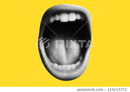 Female lips in halftone treatment for collage on yellow background. Loud scream, lips of crazy woman. vector trendy illustration in dot like pop art 124213772