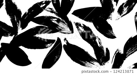 A seamless pattern featuring abstract black leaves on a white background, showcasing bold brush strokes and a modern artistic style. A seamless pattern featuring abstract black leaves on a white background, showcasing bold brush strokes and a modern artistic style. 124213871