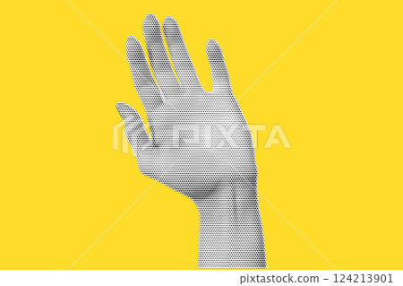 Hand in halftone treatment for collage on yellow background. Hello gesture, vector trend illustration in dot like pop art. 124213901