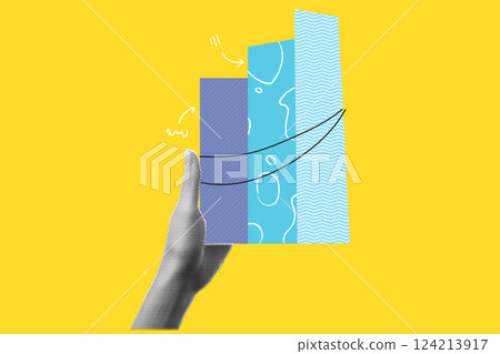 Vector illustration with hand and graphic. Halftone collage in vibrant colours. Hand with a circular diagram with textures and doodles. Contemporary yellow background 124213917