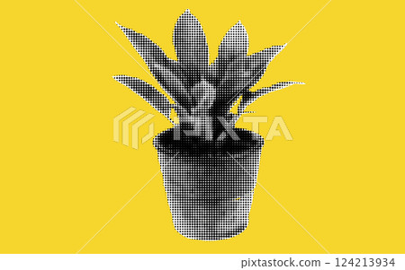 A stunning collage featuring a halftone plant design, surrounded by a vibrant yellow backdrop. This artwork combines nature and modern aesthetics, creating a lively focal point for any space. 124213934