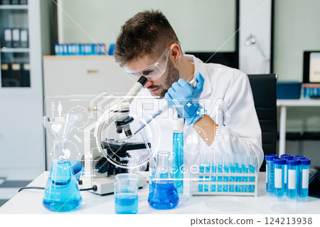 scientists conducting research investigations in a medical laboratory, a researcher in the foreground scientists conducting research investigations in a medical laboratory, a researcher in the foreground 124213938