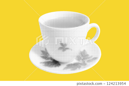 A vintage cup and saucer create a striking visual on a bright yellow surface, enhanced by intricate halftone patterns that breathe life into the composition. Retro elegance is mindfully captured. 124213954