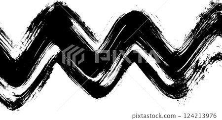 A bold, abstract black and white zigzag pattern created with brush strokes, showcasing dynamic movement and artistic flair. 124213976