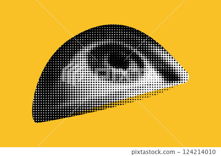 An eye cut out as if from a magazine. Isolated as png.. Vector halftone elements for collage on yellow background 124214010