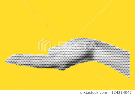 Hand in halftone treatment for collage on yellow background. hand, side view as if holding something, vector trendy illustration in dot like pop art 124214042