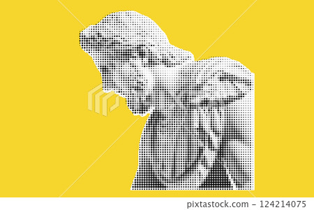 A stylized representation of a statue, featuring a figure with long hair and a beard, set against a bright yellow background. The image uses a dot pattern to create a modern artistic effect. 124214075