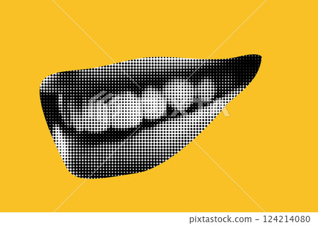 Female lips in halftone treatment for collage on yellow background. Beautiful happy smile with teeth. vector trendy illustration in dot like pop art 124214080