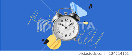Cute collage with a face and hand in a halftone style. Punk banner with abstract illustration. Geometric shapes and doodles. Depression-themed concept and fake smile 124214101