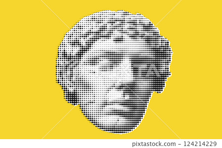 A stylized representation of a classical sculpture head, created using a dotted pattern on a bright yellow background. 124214229