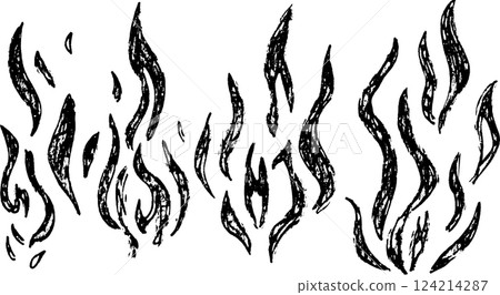 A collection of stylized black flame illustrations, showcasing various shapes and sizes of flames. The design has a textured, hand-drawn appearance, suitable for graphic design and artistic projects. 124214287