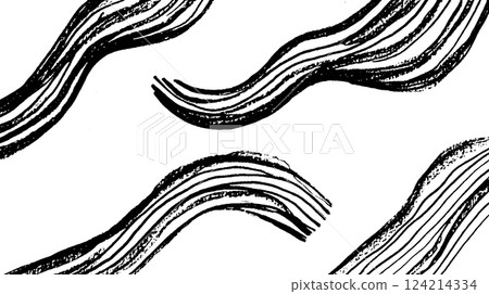 Abstract black and white wavy lines creating a dynamic pattern on a white background. 124214334