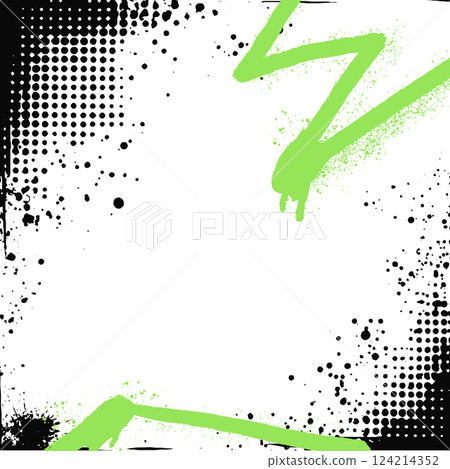 Graffiti spray halftone frame with rough brush strokes and splatter. Abstract retro vector poster design featuring a black gradient overlay Graffiti spray halftone frame with rough brush strokes and splatter. Abstract retro vector poster design featuring a black gradient overlay 124214352