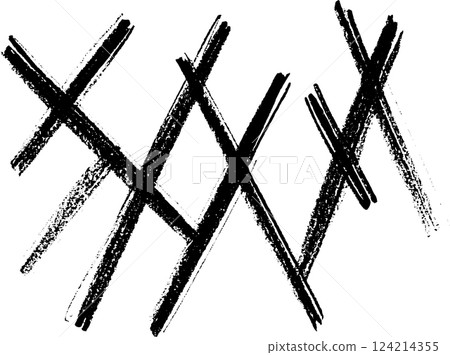 A series of bold, intersecting black brush strokes creating an abstract pattern. The strokes vary in thickness and direction, forming a dynamic and energetic composition. 124214355