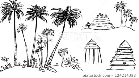 A collection of hand-drawn tropical elements including palm trees, rocky formations, and huts. The design features various styles of palm trees, a rocky hill with vegetation, and two types of huts A collection of hand-drawn tropical elements including palm trees, rocky formations, and huts. The design features various styles of palm trees, a rocky hill with vegetation, and two types of huts 124214388