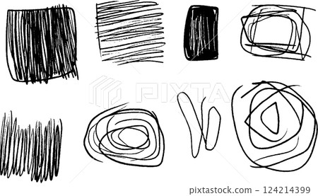 A collection of abstract black and white sketches featuring various shapes and lines, including squares, rectangles, and freeform scribbles. A collection of abstract black and white sketches featuring various shapes and lines, including squares, rectangles, and freeform scribbles. 124214399