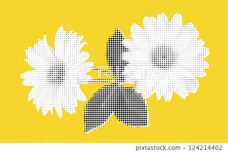 A stylized illustration of two flowers with leaves, set against a bright yellow background. The flowers are depicted in white with a dotted pattern, creating a modern and artistic look. 124214402