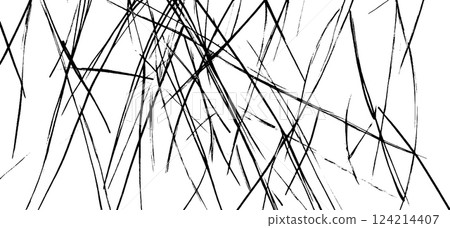 An abstract black and white design featuring intersecting lines and sharp angles, creating a chaotic yet artistic composition. 124214407