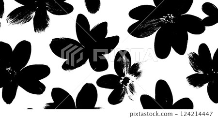 A seamless pattern featuring large, bold black flowers on a white background. The flowers have various shapes and sizes, creating a striking contrast and a modern aesthetic. A seamless pattern featuring large, bold black flowers on a white background. The flowers have various shapes and sizes, creating a striking contrast and a modern aesthetic. 124214447