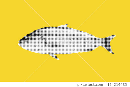 A vibrant halftone collage features a stylized fish swimming gracefully on a cheerful yellow backdrop. The design captures a playful essence of aquatic life in a modern artistic form. 124214483