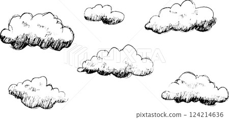A collection of hand-drawn clouds in various sizes and shapes, set against a white background. The clouds have a sketchy, artistic style, giving a whimsical feel. 124214636