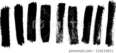A collection of black paint strokes on a white background, showcasing various textures and widths. Ideal for artistic design or background elements. 124214652