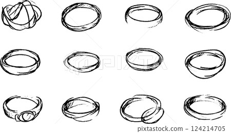 A collection of hand-drawn ring designs, showcasing various styles and shapes. The rings vary in thickness and form, some appearing intertwined or overlapping, while others are simple and smooth. 124214705